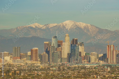 Aerial view of the beautiful Los Angeles downtown cityscape with mt. Baldy photo