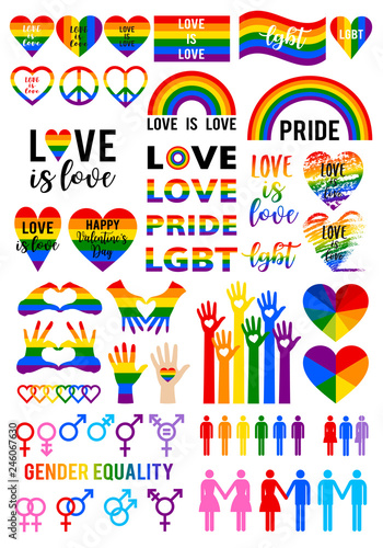 Love is love, rainbow flag, lgbt pride, vector set