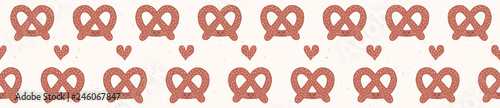 Cute vector pretzel cartoon with smiling face and love heart. Seamless repeating food border illustration. Hand drawn kawaii bakery bread for kitchen foodie blog, oktoberfest restaurant banner ribbon.