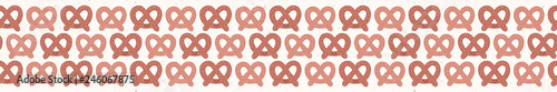 Cute vector pretzel cartoon with smiling face and love heart. Seamless repeating food border illustration. Hand drawn kawaii bakery bread for kitchen foodie blog, oktoberfest restaurant banner ribbon
