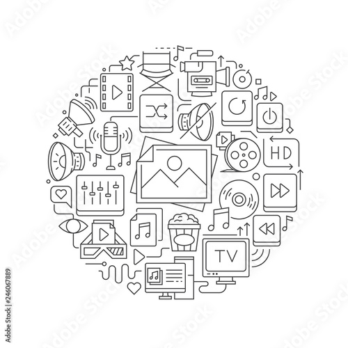Multimedia concept in thin flat illustration. Multimedia line icons in round shape isolated vector illustration. Round design element with multimedia icons - Vector