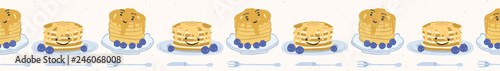 Cute blueberry pancake day breakfast vector illustration. Seamless repeating border. Hand drawn stack of delicious pancakes . Fresh blueberries, kawaii smiling face knife and fork. Food washi tape.