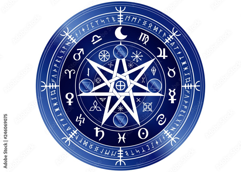 Wiccan symbol of protection. Blue Mandala Witches runes and alphabet,  Mystic Wicca divination. Ancient occult symbols, Earth Zodiac Wheel of the  Year Wicca Astrological signs, vector isolated or white Stock Vector