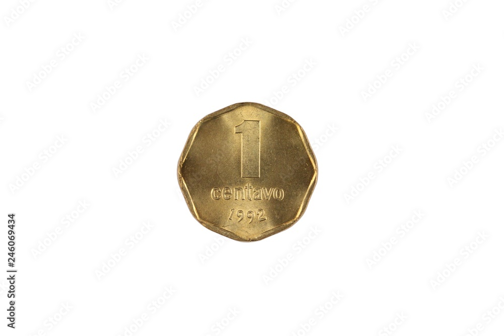 A close up image of an Argentinian one centavos coin isolated on a white background
