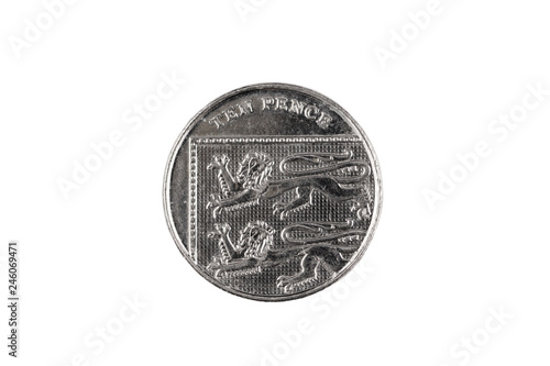 A close up image of a United Kingdom ten pence bimettalic coin isolated on a clean white background