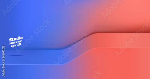 Vector,Empty blue gradient to vivid coral pink studio table with slope step room background ,product display with copy space for display of content design.Banner for advertise product on website.