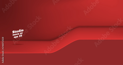 Vector,Empty vivid red color studio table with slope step room background ,product display with copy space for display of content design.Banner for advertise product on website.