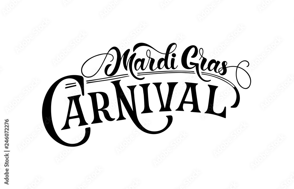 Mardi Gras logotype. Festival vector banner. Illustration of Mardi Gras festival design on white background. Pink, white and violet lettering typography for logo, poster, card, postcard.
