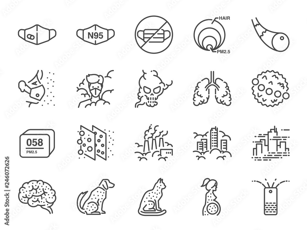 Fototapeta premium PM2.5 Air pollution line icon set. Included icons as smoke, smog, pollution, factory, dust and more.
