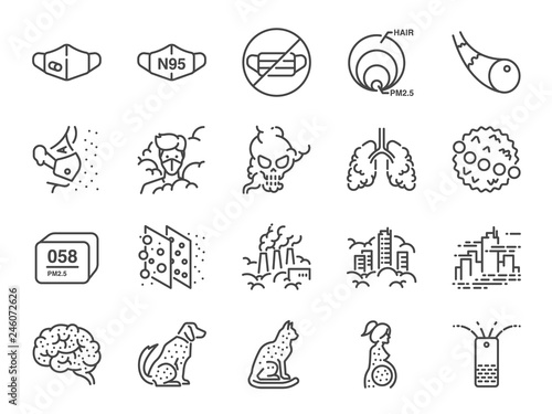PM2.5 Air pollution line icon set. Included icons as smoke, smog, pollution, factory, dust and more.