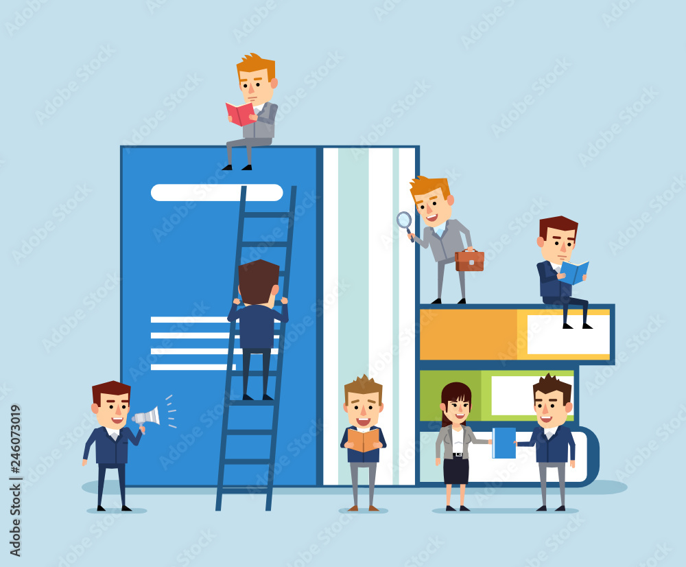 Fototapeta premium Small people reading and walking around huge stack of books. Book readers club, self education concept. Flat design vector illustration