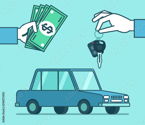 Hand holds keys and money over car. Sell or rent car concept. Simple style vector illustration