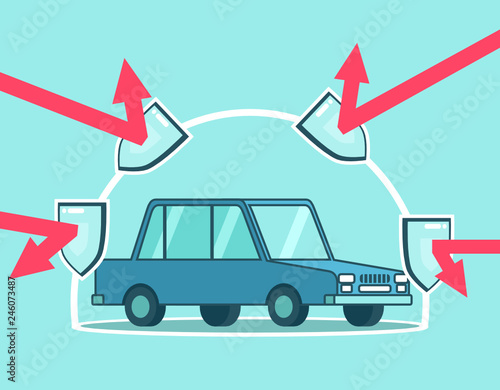 Car protected with shields under force field. Car insurance concept. Simple style vector illustration