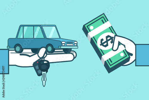 Hand holds car, keys and money. Buy, rent car concept. Car dealer. Simple style vector illustration