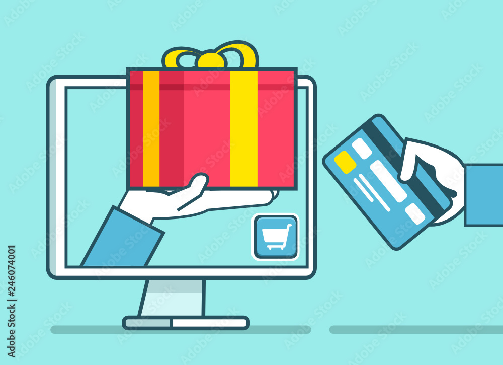 Online shopping with credit card. Hand holds gift box and credit card. Simple style vector illustration Online shopping with credit card. Hand holds gift box and credit card. Simple style vector illustration