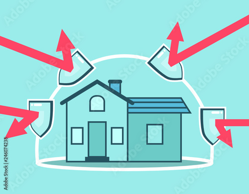 House protected under force field from outside dangers. House safety, insurance concept. Smart home system. Simple style vector illustration