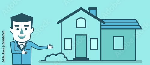Cheerful businessman points to the house. Real estate agency concept. Buy, rent house. Simple style vector illustration