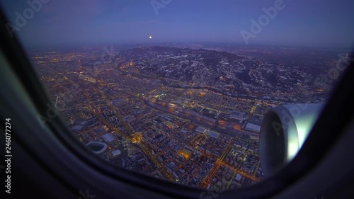 Turin (Torino) aerial view. Torino cityscape seen from the window of the cabin airplane, Italy. skyline and lights in the wonderful city