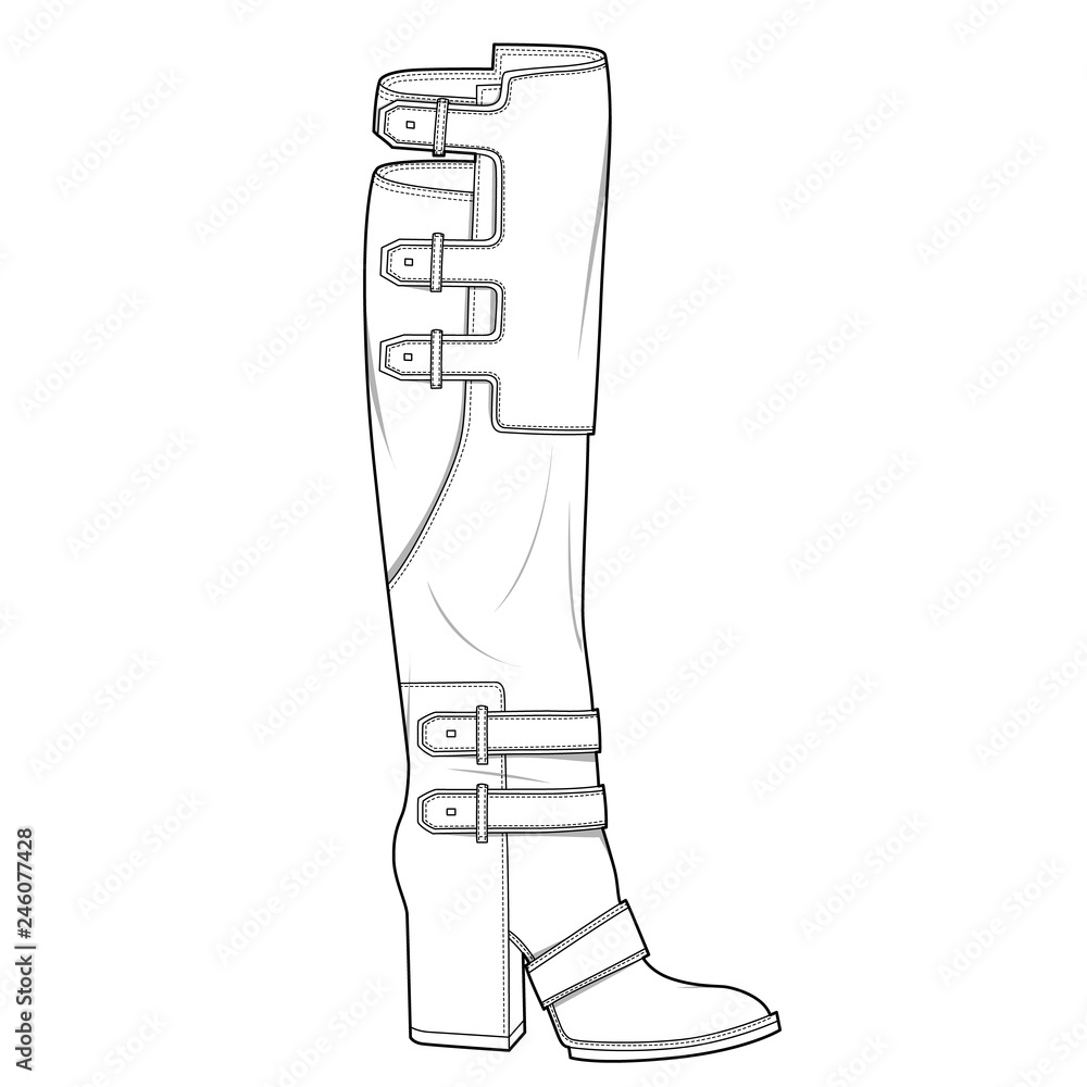 Long Boots Shoes Fashion flat technical drawing vector template Stock