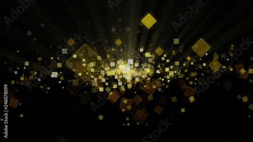 Digital black abstract background with sparkling wave particles forming a yellow square, gold and deep space. Particles form into lines, surfaces and grids