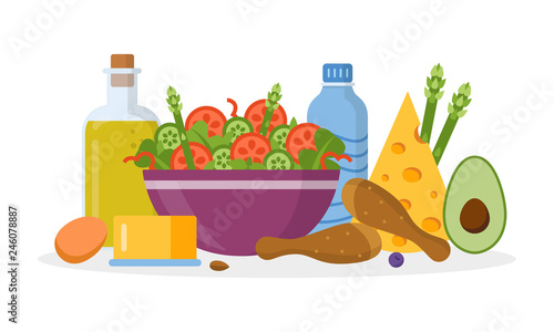 Ketogenic diet concept. Keto food on the table. Flat design. Vector illustration.