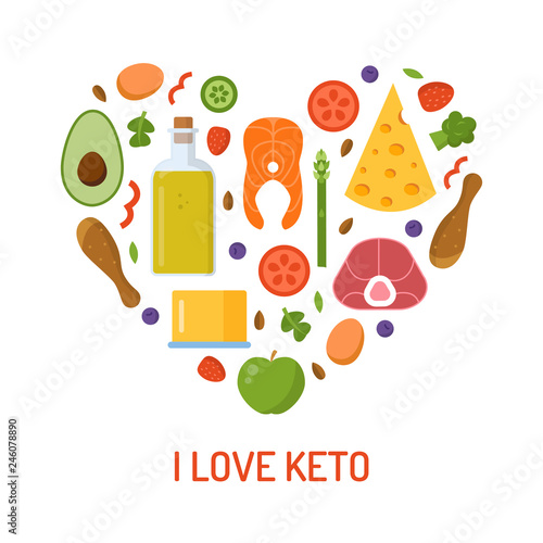 Heart of ketogenic products. Emblem I love keto. Flat design. Vector illustration.