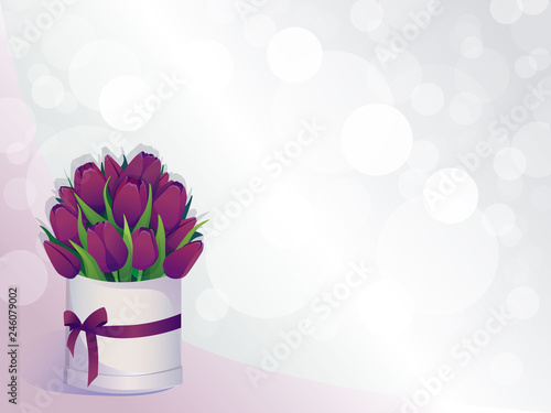 Vector illustration with bouquet of purple tulips in round hat box with bow. Flower composition on white background. Template for card, banner, invitation