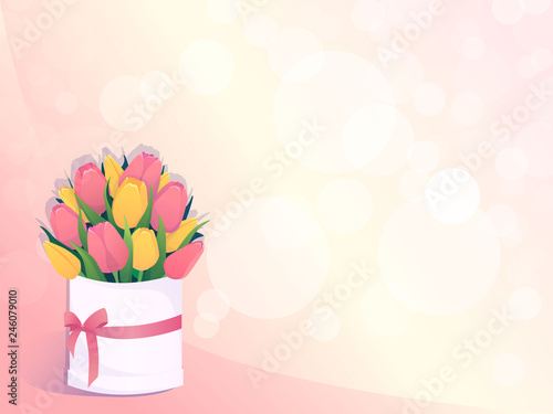 Vector illustration with bouquet of pink and yellow tulips in round hat box with bow. Flower composition on pink background. Template for card, banner, invitation 