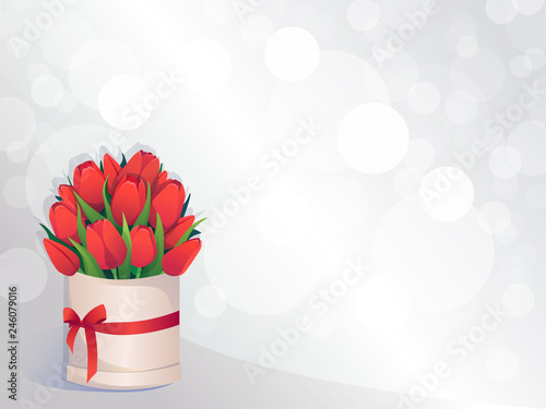 Vector illustration with bouquet of red tulips in round hat box with bow. Flower composition on white background. Template for card, banner, invitation