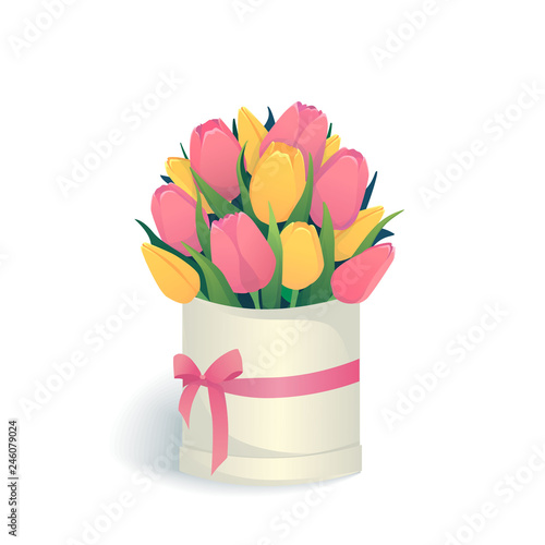 Bouquet of  tulips, pink and yellow, vector illustration. Flowers bouquet in round hat box with bow, isolated on transparent background