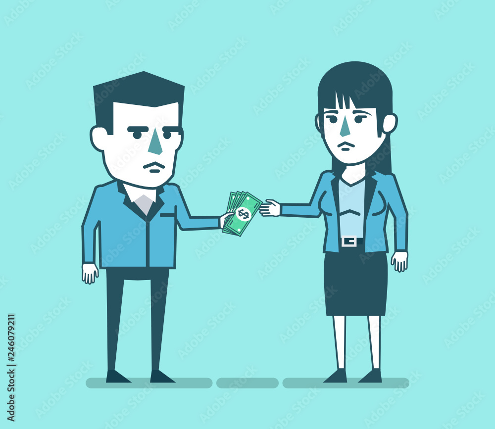 Businessman gives money to woman. Bribery, corruption, payment concept. Simple style vector illustration Businessman gives money to woman. Bribery, corruption, payment concept. Simple style vector illustration