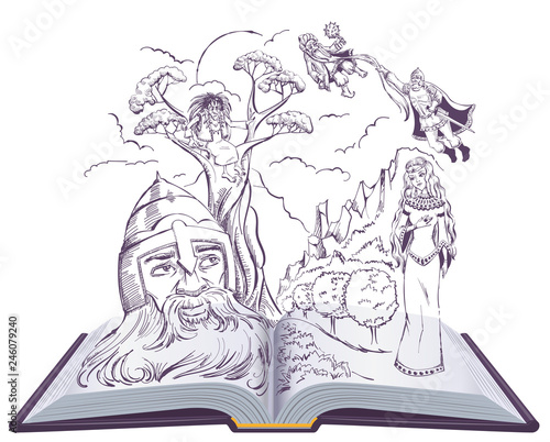 Ruslan and Ludmila poem by Alexander Pushkin. Open book illustration russian fairy tale
