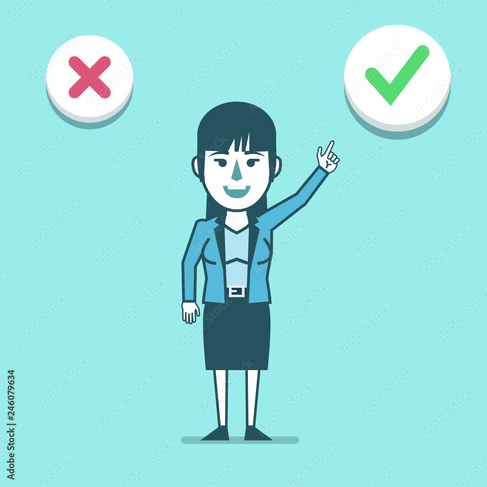 Cheerful businesswoman points to accept, approve check mark. To accept the offer, web poll. Simple style vector illustration