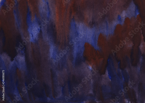 Dark watercolor abstract background. Blue and brown spots. Hand-drawn watercolor illustration