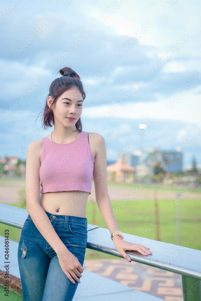 portrait Asian girl in park.