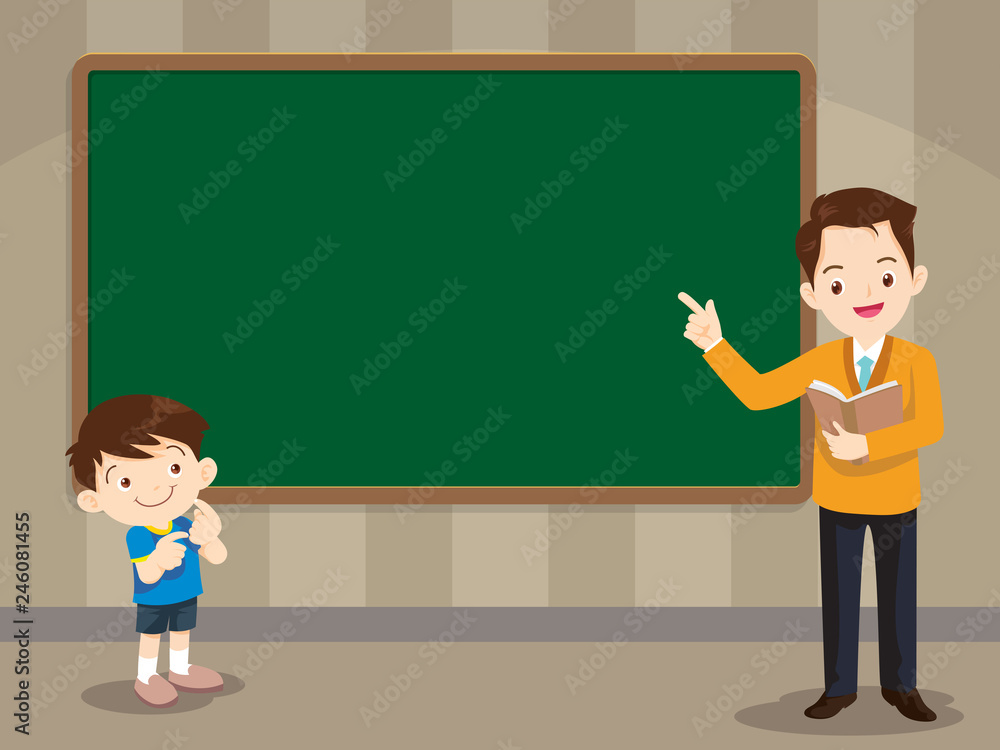 Teacher and studen boy standing in front of chalkboard Teacher and studen boy standing in front of chalkboard