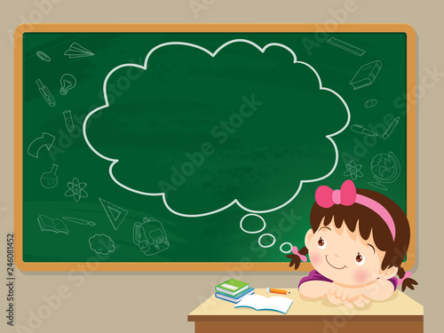 children girl thinking and chalkboard