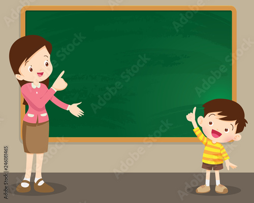 Teacher woman and studen boy standing in front of chalkboard
