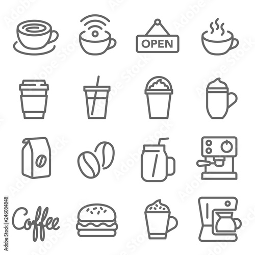Coffee Cafe Vector Line Icon Set. Contains such Icons as Hot Coffee, ฺBeans, Coffee Machine, Hamburger and more. Expanded Stroke