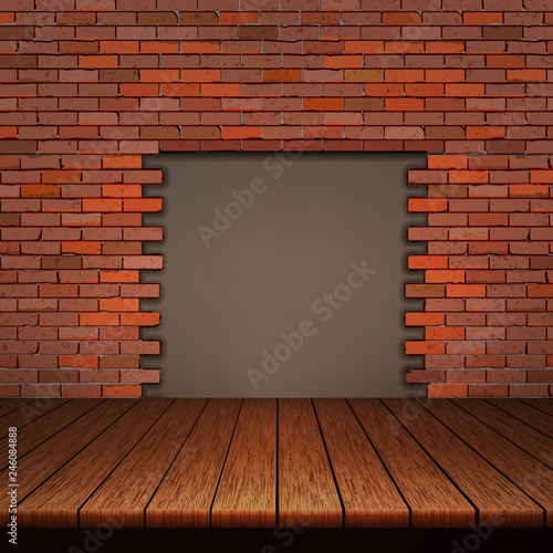 wooden boards brick wall.
