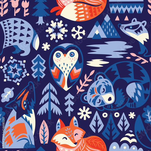 Seamless woodland pattern with decorative animals. Creative scandinavian style