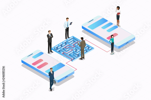 Isometric labirinth maze and phones, Isometric people and connecting devices smartphone social media graphic vector illustration for yoir projects and invitations. photo