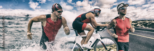 Canvas Print Triathlon sport banner man running , swimming, biking for competition race background