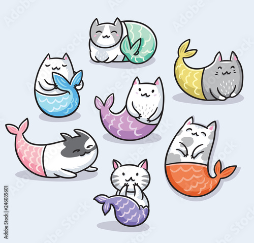 Set of cute kawaii cat mermaid. Vector illustration