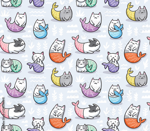 Seamless pattern with cats mermaid in kawaii style. Vector illustration