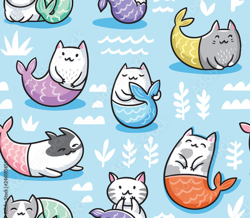 Seamless pattern with cats mermaid in kawaii style. Vector illustration