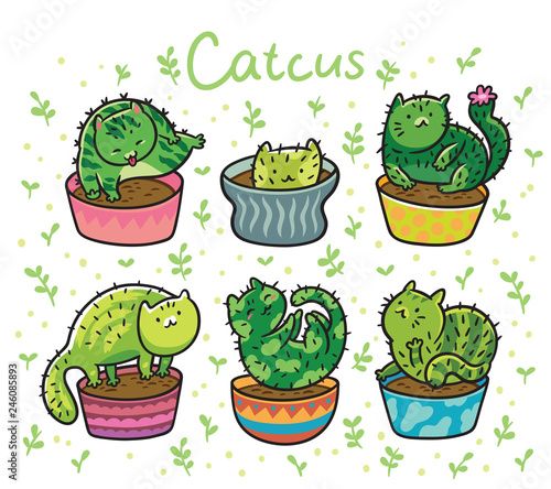 Cute succulent or cactus plant in the form of cats. Vector illustration