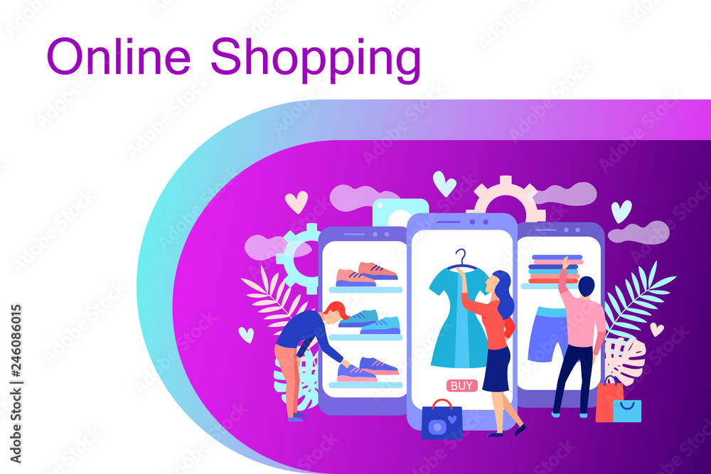 Online shopping concept with characters.