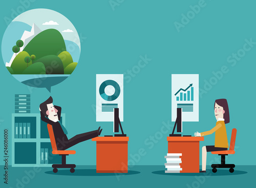 Business man dreaming about vacation. Holidays time, recreation, travel and relaxation vector design illustration. Mountain landscape background