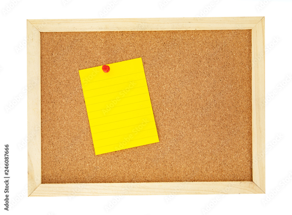Fototapeta premium pin a note paper on a cork pin board , isolated on white